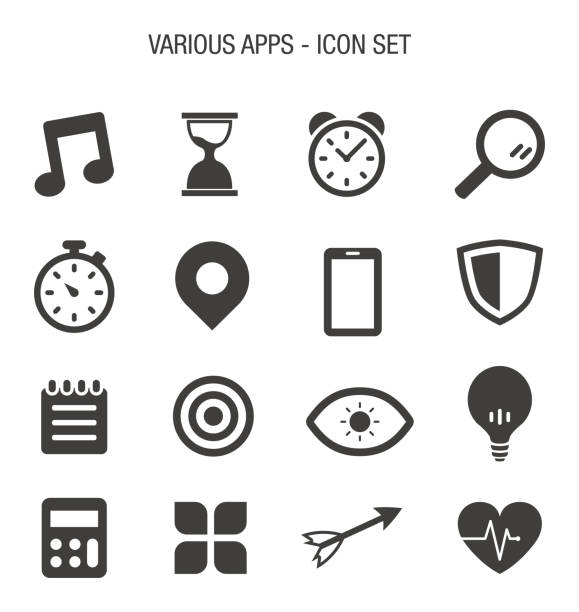 ilustraciones, imágenes clip art, dibujos animados e iconos de stock de conjunto de iconos de diferentes aplicaciones - looking at view symbol looking through window computer icon