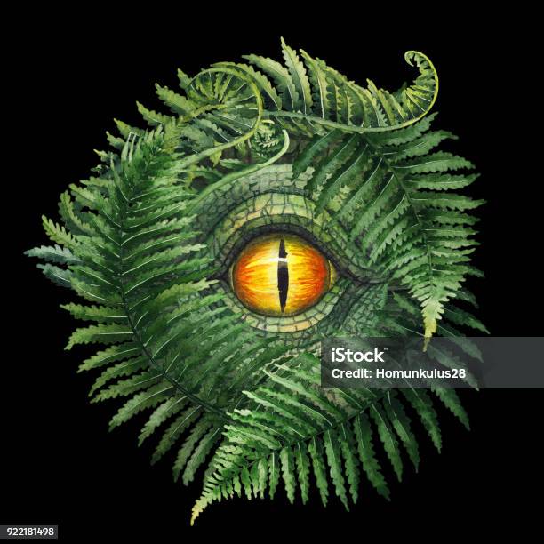 Watercolor Dinosaur Eye And Ferns Stock Illustration - Download Image Now - Dinosaur, Eye, Ancient