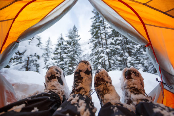 Winter camping on snow stock photo