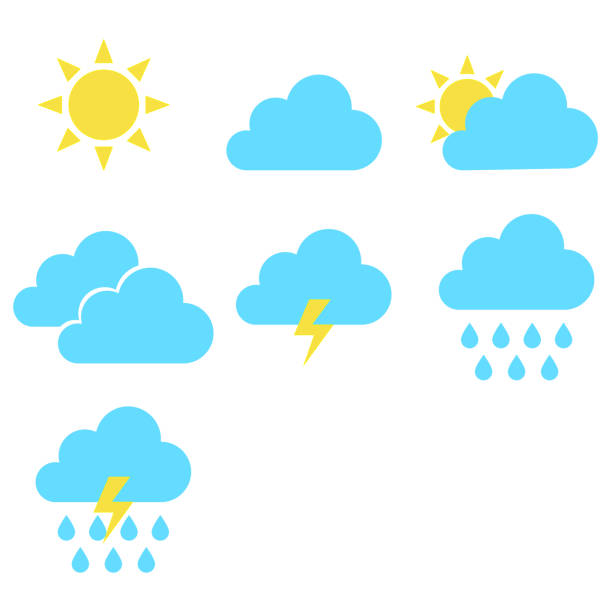ilustrações, clipart, desenhos animados e ícones de símbolo de tempo defina vetor isolada - thunderstorm rain sun lightning