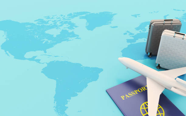 istock 3d Passport, travel suitcases and Airplane on the map. 922209696