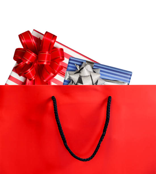 istock Red paper shopping bag and gift box isolated on white background with copy space 922210246