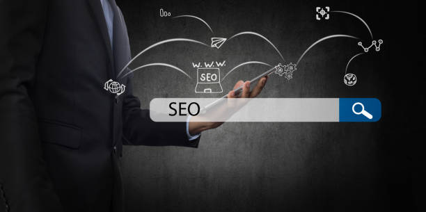 Searching Engine Optimizing SEO Browsing Concept, Businessman holding phone for looking information with technology and internet icon