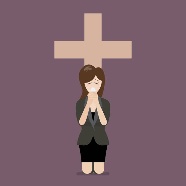 ilustrações, clipart, desenhos animados e ícones de mulher de tristeza se ajoelha e reza a deus - believe miracle church forgiveness