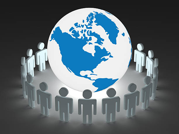 istock Group of people standing round globe. 3D image. 92224667