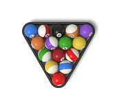 3d rendering of many billiard balls with colorful stripes and numbers inside a rack