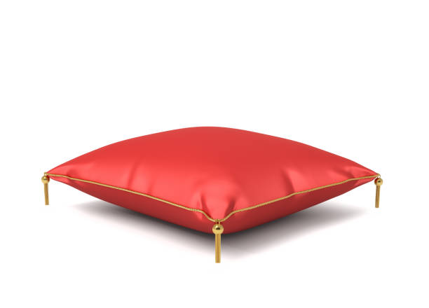 3d rendering of a red silk royal pillow with golden tussels isolated on a white background - bedroom authority indoors home interior imagens e fotografias de stock