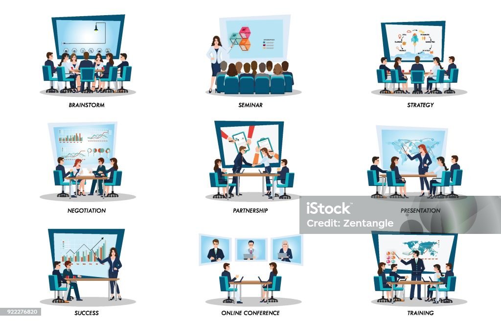 Business people of meeting or teamwork, Business people of meeting or teamwork, brainstorming isolated on white, character in flat style vector illustration. Business Meeting stock vector