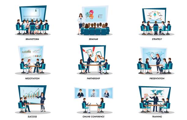 Business people of meeting or teamwork, Business people of meeting or teamwork, brainstorming isolated on white, character in flat style vector illustration. business meeting stock illustrations