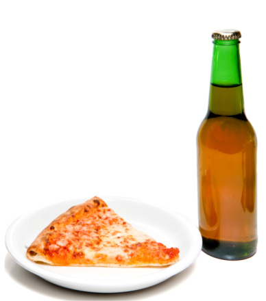 A slice of pizza and an ice cold beer.