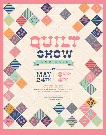 Quilt show and sale poster advertisement design template. Cute quilt background with patchwork. Sample design text. Easy to edit with layers.