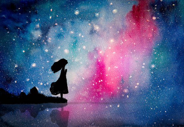 kızın suluboya resim dua için star huzurlu ve umut karanlık gecede - dua etme illüstrasyonlar stock illustrations