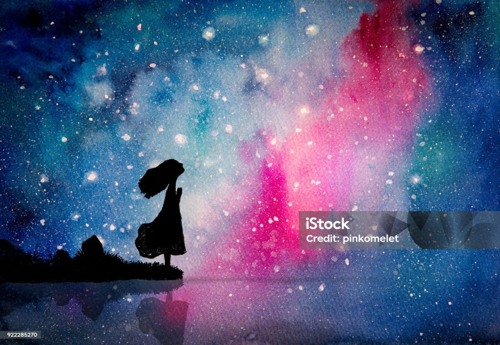 Watercolor painting of the girl pray to star for peaceful and hope in the dark night Watercolor painting of girl pray to star for peaceful and hope in the dark night Hope - Concept stock illustration