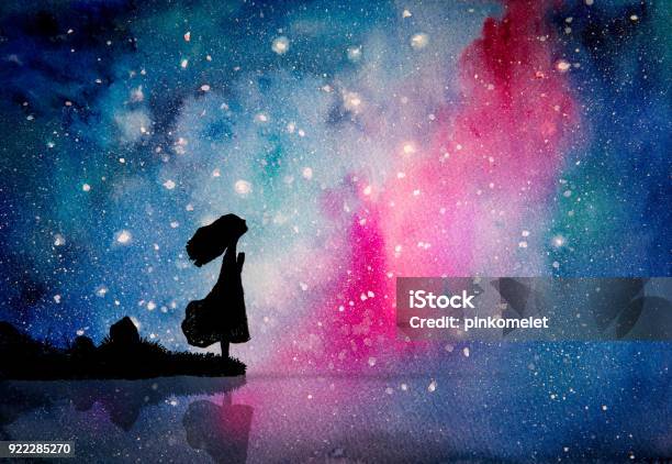 Watercolor Painting Of The Girl Pray To Star For Peaceful And Hope In The Dark Night Stock Illustration - Download Image Now