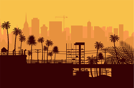 City skyline silhouette at sunset. Skyscappers, towers, office and residental buildings. Palm tree and cityscape under sunrise sky. Vector illustration