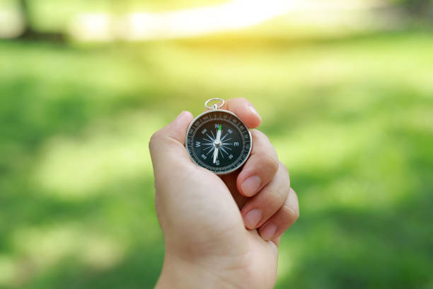 istock Hand holding a compass against nature background. 922289806