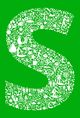 Letter S Garden and Gardening Vector Icon Pattern. The  Garden and Gardening vector icons form a seamless pattern to completely fill in the main object. The icons vary in size and are carefully arranged. They are white in color and the background is a solid green. This image includes various icons that represent gardening. Some of the icons are drops of water, leaves and plants and many more icons ideal for the agriculture and gardening projects.