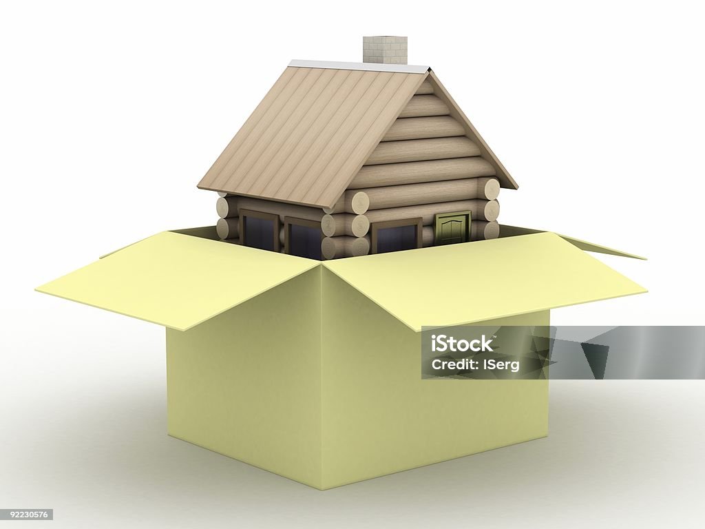Pequena casa de madeira em uma caixa. 3 D imagem. - Royalty-free Aberto Foto de stock