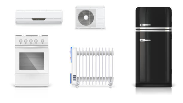 istock Home electrical appliances. Air conditioning, electric oil radiator, refrigerator with retro design, gas stove. Set icons of household appliances on white background. 3D illustration 922311690