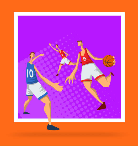 istock Basketball players in abstract flat style. Men playing with a basketball ball. Template for sport poster. Vector illustration, isolated on white background. 922323214