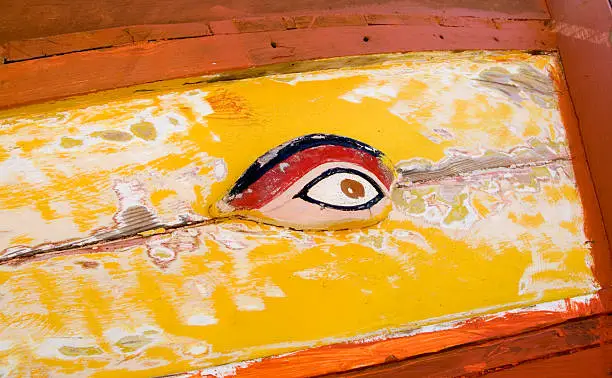 The Eye of Osiris (or Horus) is commonly found on the bow of small boats in parts of the Mediterranean. These eyes represent Osiris, an Egyptian God who was drowned then given new life by Isis, and are intended to ward off evil. This example was found in a Maltese boat yard.