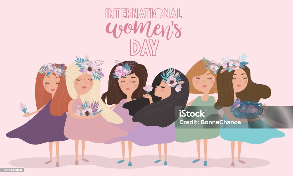 Cute poster in pastel color "International Women's Day" with flowers and fairy Cute poster in pastel color "International Women's Day" with flowers and fairy. Editable vector illustration Abstract stock vector