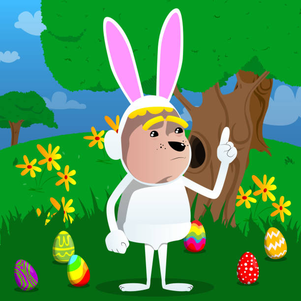 junge gekleidet als osterhase macht einen punkt. - easter rabbit baby rabbit mascot stock-grafiken, -clipart, -cartoons und -symbole