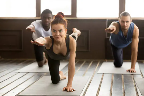 Group of sporty young afro american and caucasian people practicing yoga lesson with smiling instructor, stretching in Bird dog exercise, Donkey pose, students working out in sport club, indoor