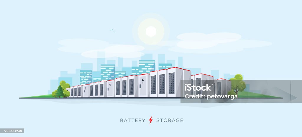Large Battery Storage System Vector illustration of large rechargeable lithium-ion battery energy storage stationary for renewable electric power stations. Backup power energy storage cloud server system. Battery stock vector