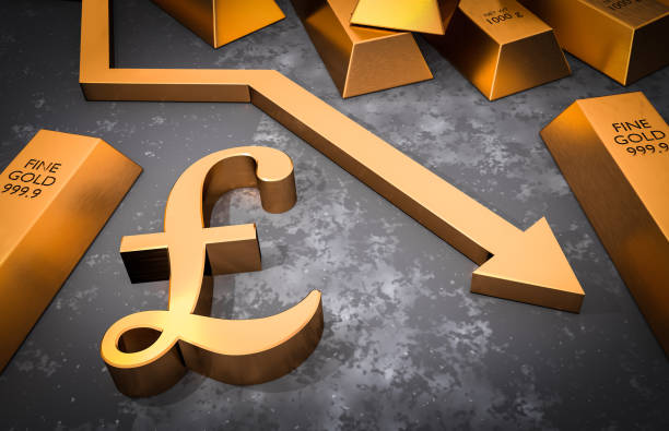istock Golden pound symbol and golden arrow down 922352440