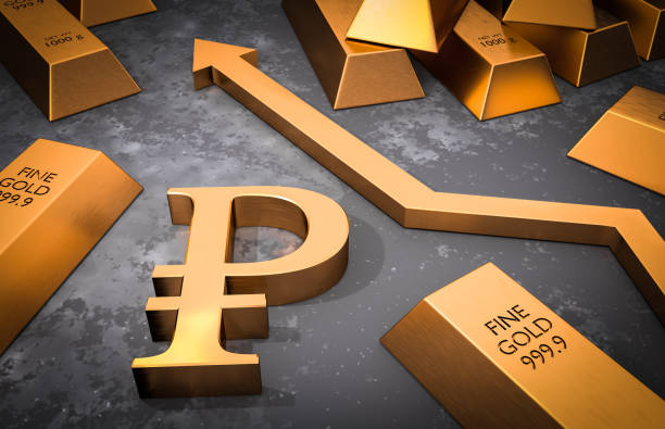 istock Golden ruble symbol and golden arrow up 922352680