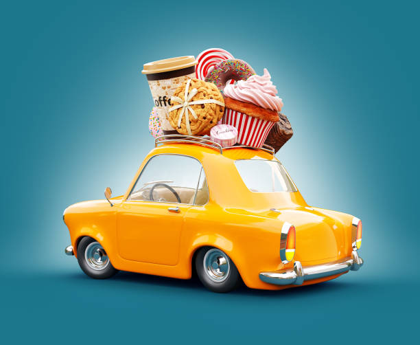istock Cute fantastic chocolade car with sweets and coffee on top. 922354888