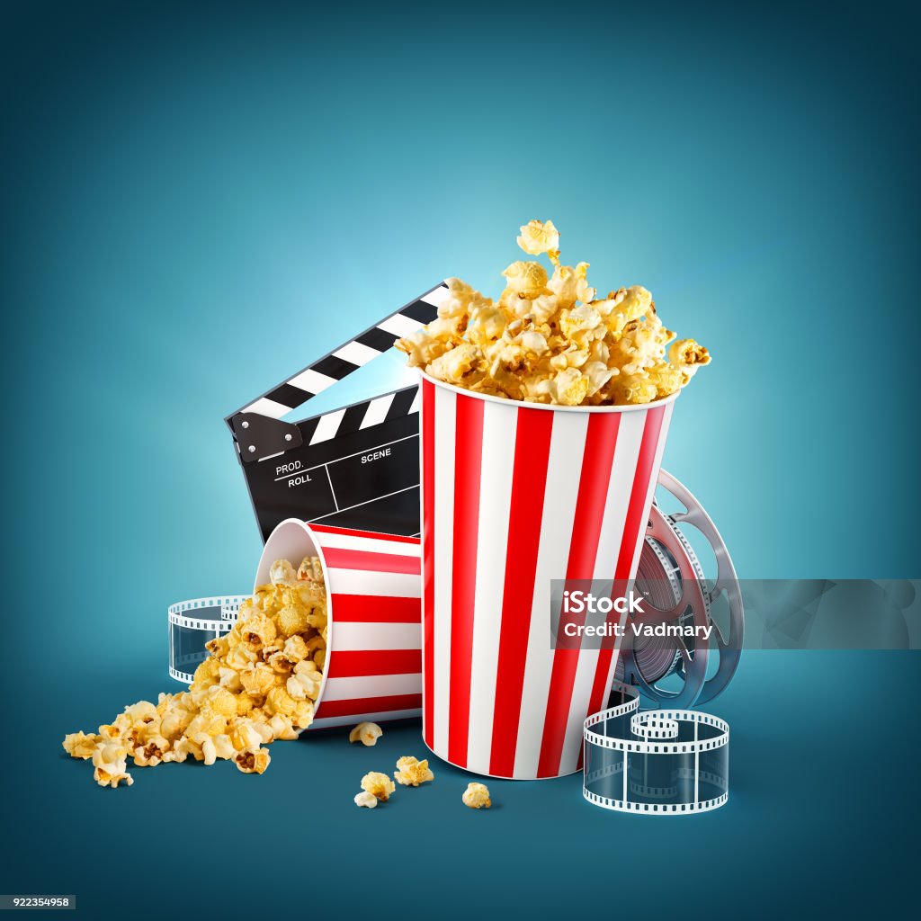 Unusual cinema concept 3D illustration Popcorn, cinema reel, disposable cup, clapper board and tickets at blue background. Concept cinema theater 3D illustration. Backgrounds Stock Photo