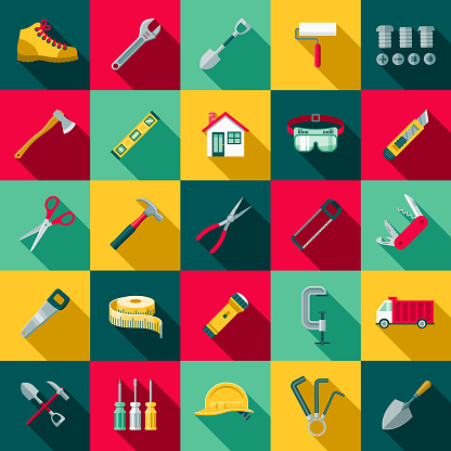 A set of flat design styled home improvement and renovations icons with a long side shadow. Color swatches are global so it’s easy to edit and change the colors.