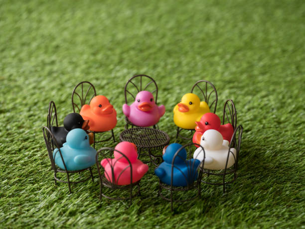 Group of nine different colored ducks on chairs around a table facing each other, scene set on artificial grass. Concept image regarding multi-cultural meeting, living together, peace, human rights, social issues, difference of opinion, talking, meeting, solution etc.