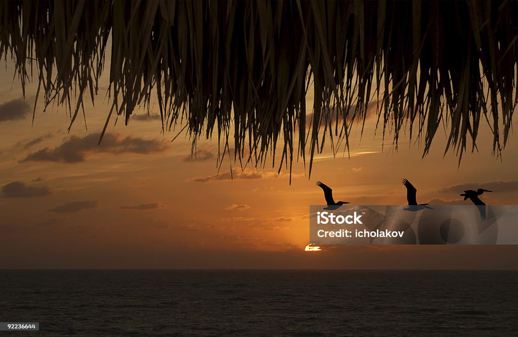 Puesta de sol tropical desde el bar tiki hut - Foto de stock de Tiki libre de derechos