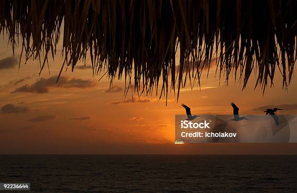 Puesta De Sol Tropical Desde El Bar Tiki Hut Foto de stock y más banco de imágenes de Tiki - Tiki, Cabaña, Caribe