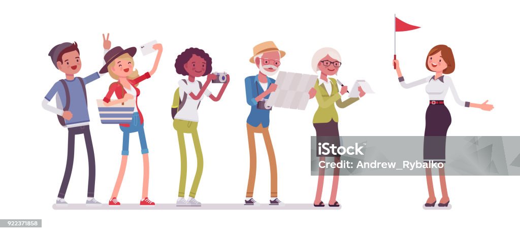 Tour guide lady and group of tourists Tour guide lady and group of tourists. Female showing people places of interest, explains details about city or country they visit. Vector flat style cartoon illustration isolated on white background Guide - Occupation stock vector