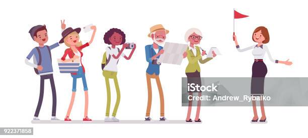 Tour Guide Lady And Group Of Tourists Stock Illustration - Download Image Now - Guide - Occupation, Tourist, Tourism