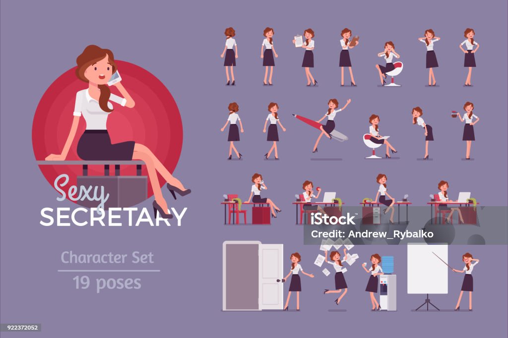 Sexy secretary ready-to-use character set Sexy secretary ready-to-use character set. Elegant female office assistant in formal wear at work, full length, different views, gestures, emotions, front, rear view. Business administration concept Sensuality stock vector