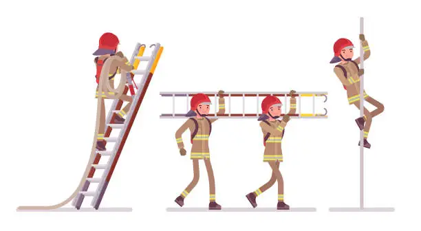 Vector illustration of Young male firefighter at ladder and pole