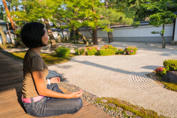 femme et zen jardin de chion-ji à kyoto, japon - zen like women temple meditating photos et images de collection