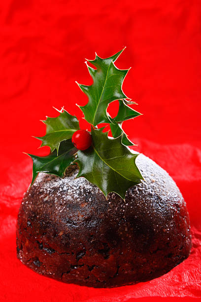 istock chrismas pudding with holly twig on red paper background 92237831