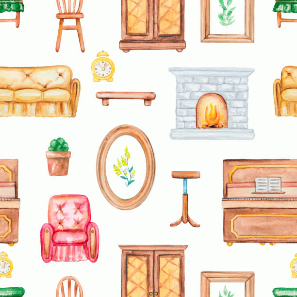 Watercolor seamless pattern with furniture Seamless background pattern with paintings, fireplace, sofa, armchair, banquet, piano, chairs and flowers. Watercolor hand drawn illustration banquet chairs stock illustrations