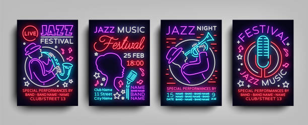 illustrations, cliparts, dessins animés et icônes de affiches du festival jazz collection neon. enseigne au néon, brochure style néon, modèle d’invitation de conception pour la publicité tous les soirs de festival, bannière de lumière, musique jazz festival, parti. illustration vectorielle - light jazz