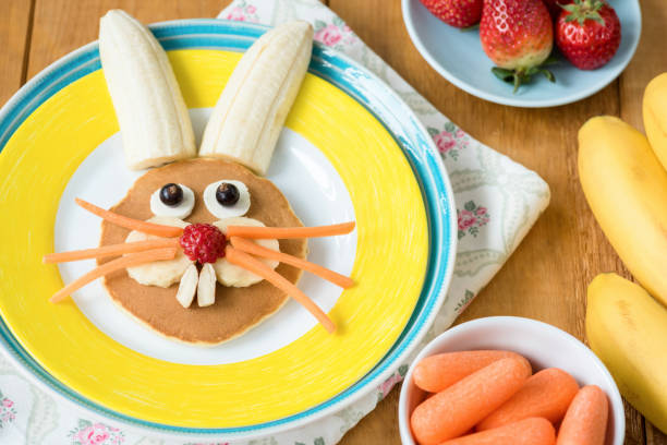 Creative colorful breakfast for kids. Easter Bunny Shaped Pancake With Fruits Creative colorful breakfast for kids. Easter Bunny Shaped Pancake With Fruits. Closeup view bunny pancake stock pictures, royalty-free photos & images