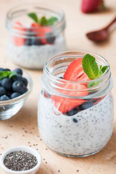 istock Healthy Breakfast or Snack Chia Seed Pudding With Fresh Berry Fruits 922383666