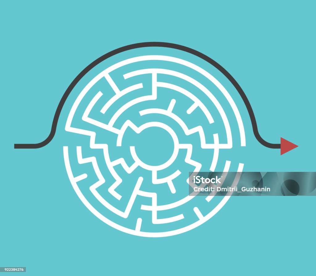 Circular maze, bypass route Circular maze with entrance and exit and bypass route arrow going around it. Problem and solution concept. Flat design. Vector illustration, no transparency, no gradients Simplicity stock vector