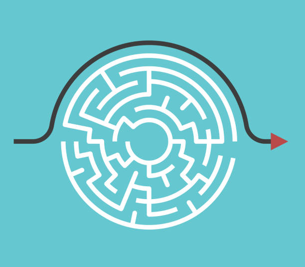 Circular maze, bypass route Circular maze with entrance and exit and bypass route arrow going around it. Problem and solution concept. Flat design. Vector illustration, no transparency, no gradients plain stock illustrations