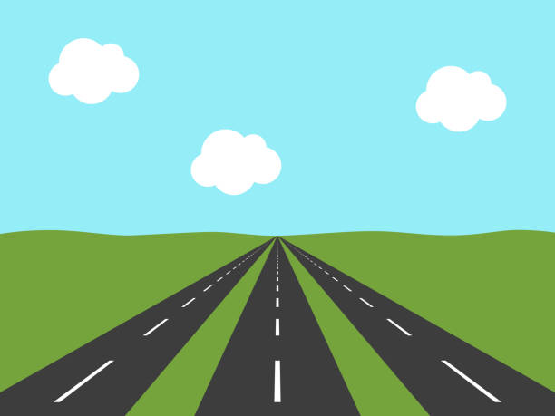 Three roads, perspective view Three parallel asphalt roads going far away in green field to horizon and light blue sky. Perspective view. Opportunity concept. Flat design. Vector illustration, no transparency, no gradients parallel stock illustrations